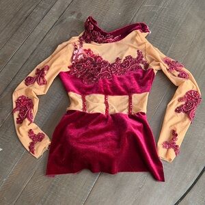 Burgandy and Tan Embellished Long Sleeve dance costume